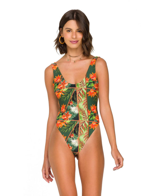 Body bañador verde reversible con estampado floral, cuello redondo y espalda al aire
