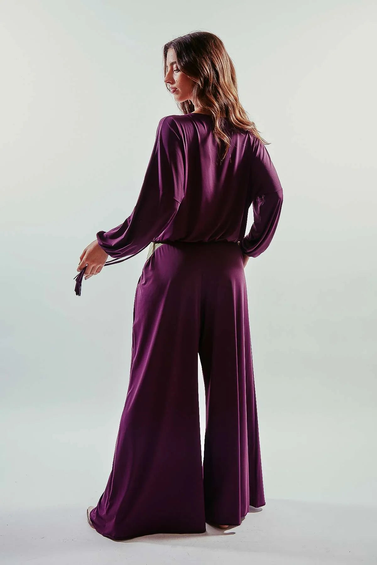Pantalón largo pata elefante morado y verde en cintura
