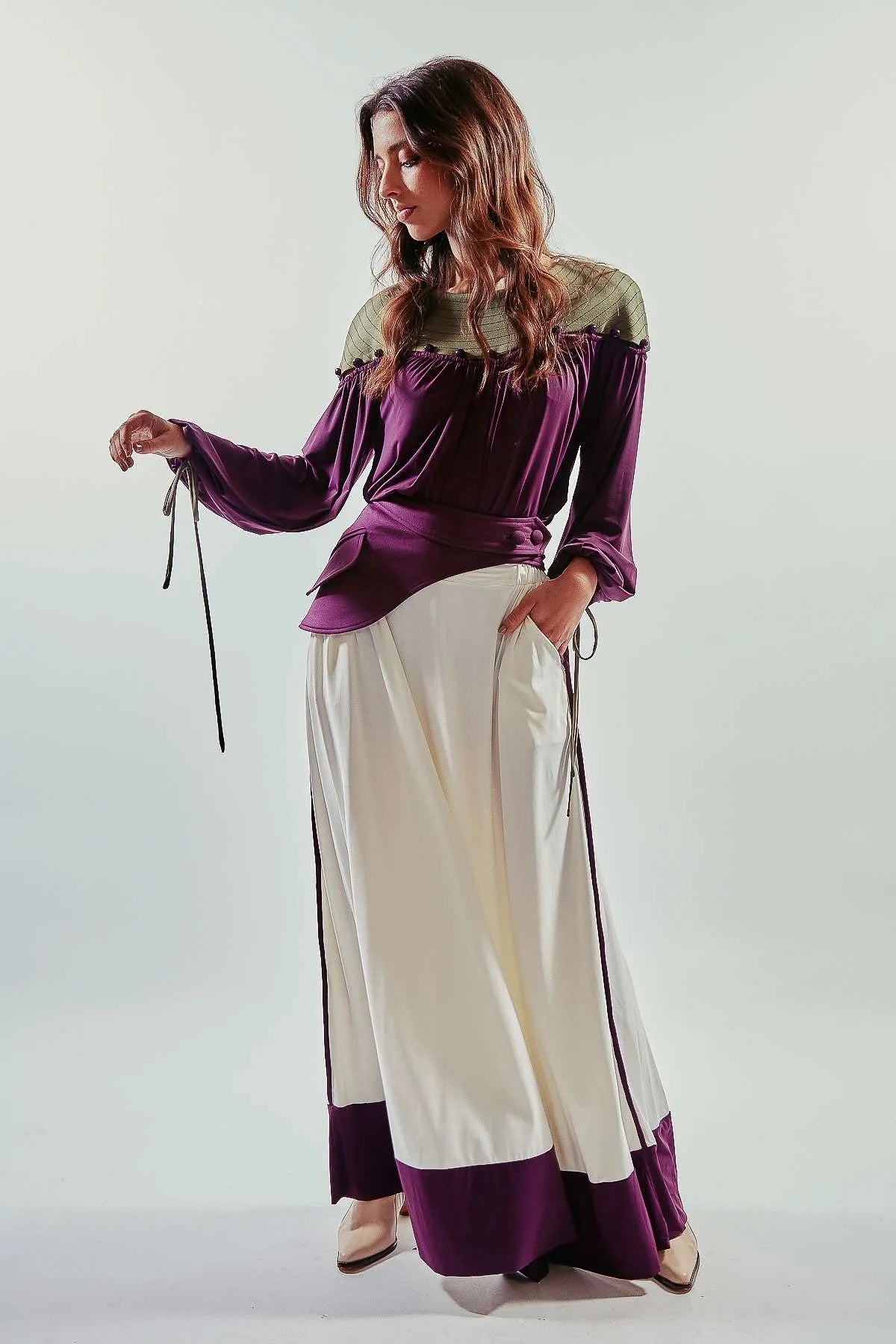 Blusa manga larga dos piezas abotonadas morada y verde