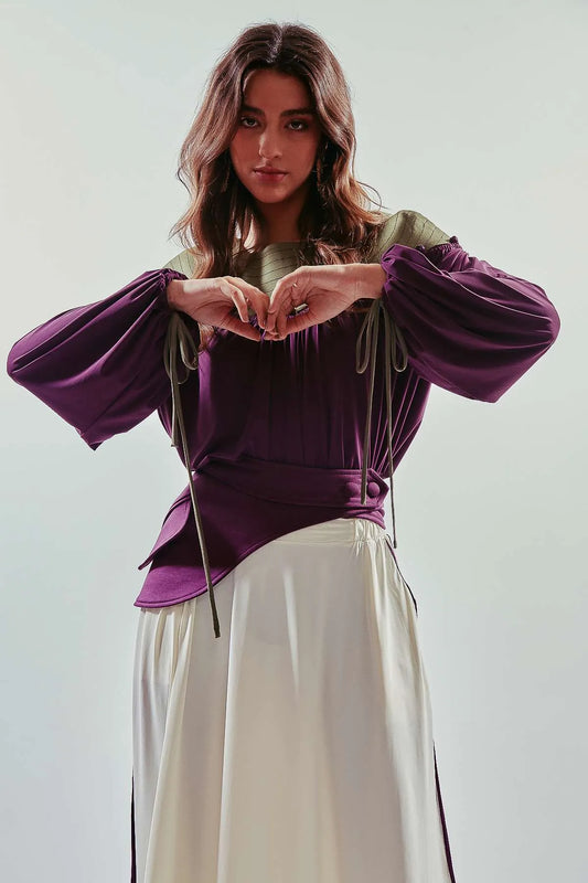 Blusa manga larga dos piezas abotonadas morada y verde
