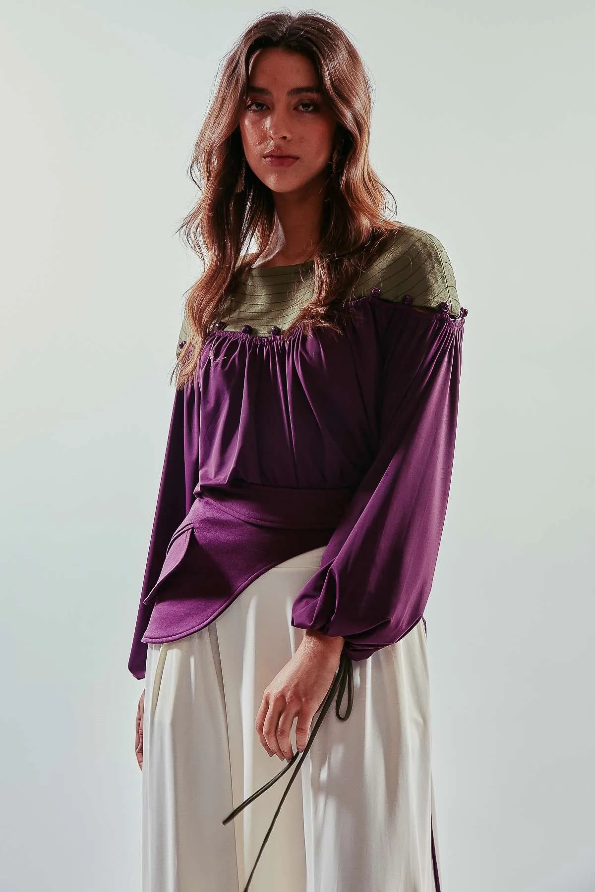 Blusa manga larga dos piezas abotonadas morada y verde