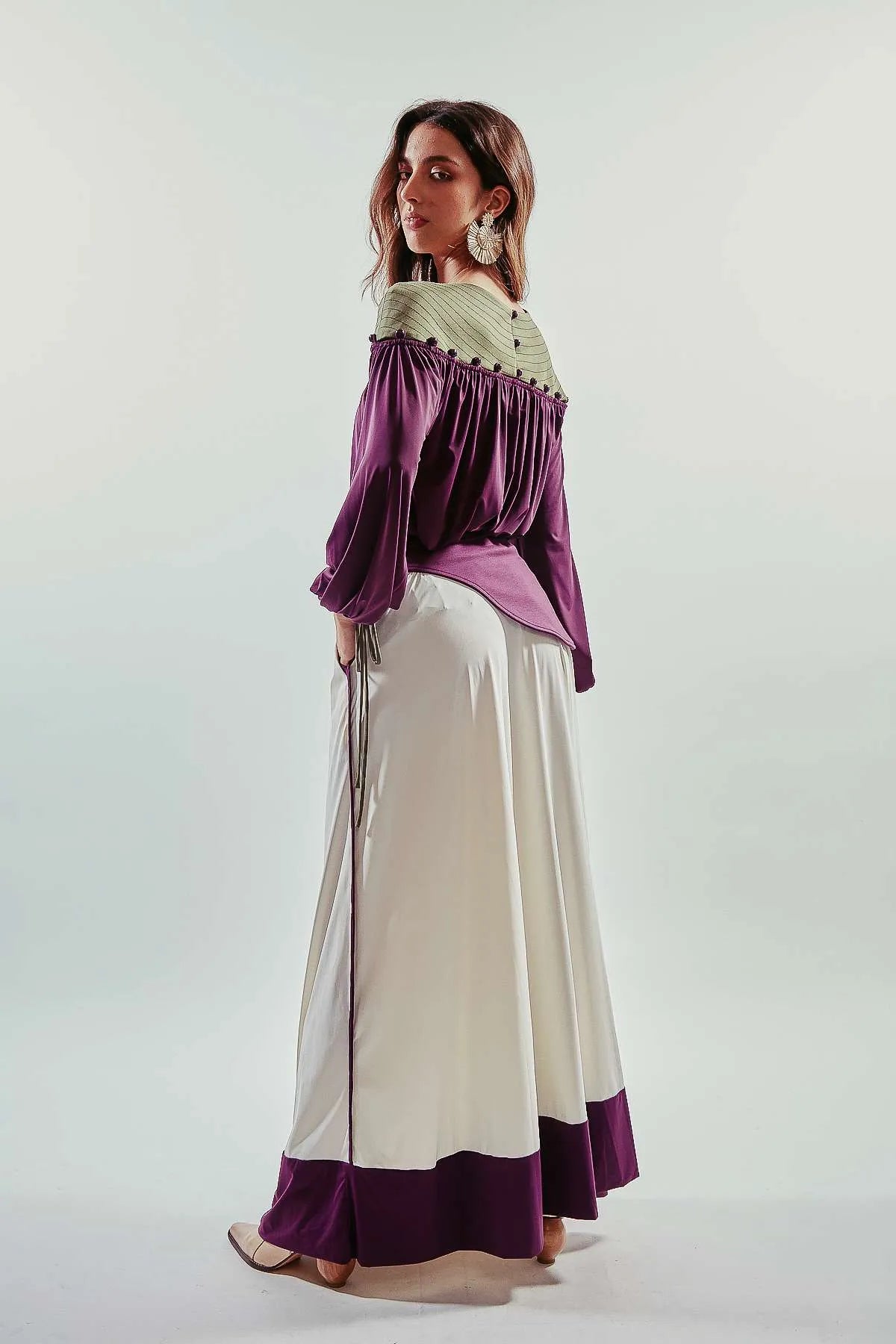 Blusa manga larga dos piezas abotonadas morada y verde