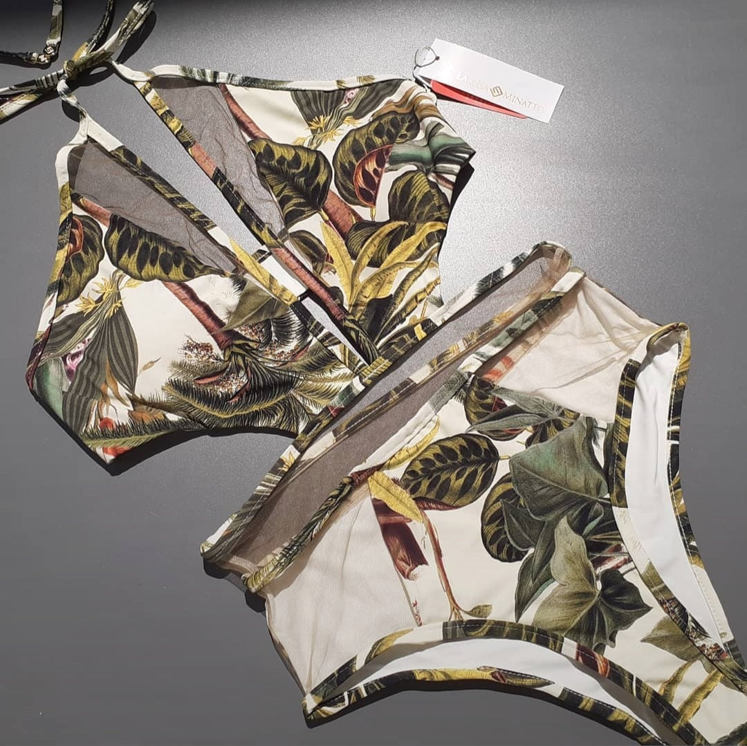 Body bañador estampado con tul en caderas y escote