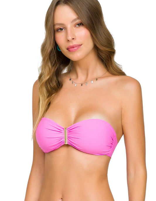 Top bikini bandeau rosa, blanco, azul, verde o salmón con detalle de oro