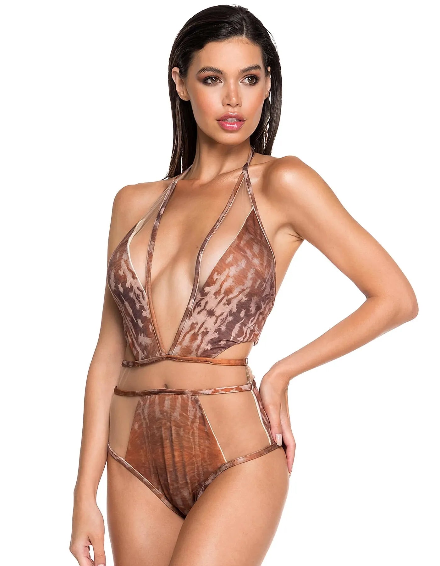 Body bañador marrón con tul en caderas y escote