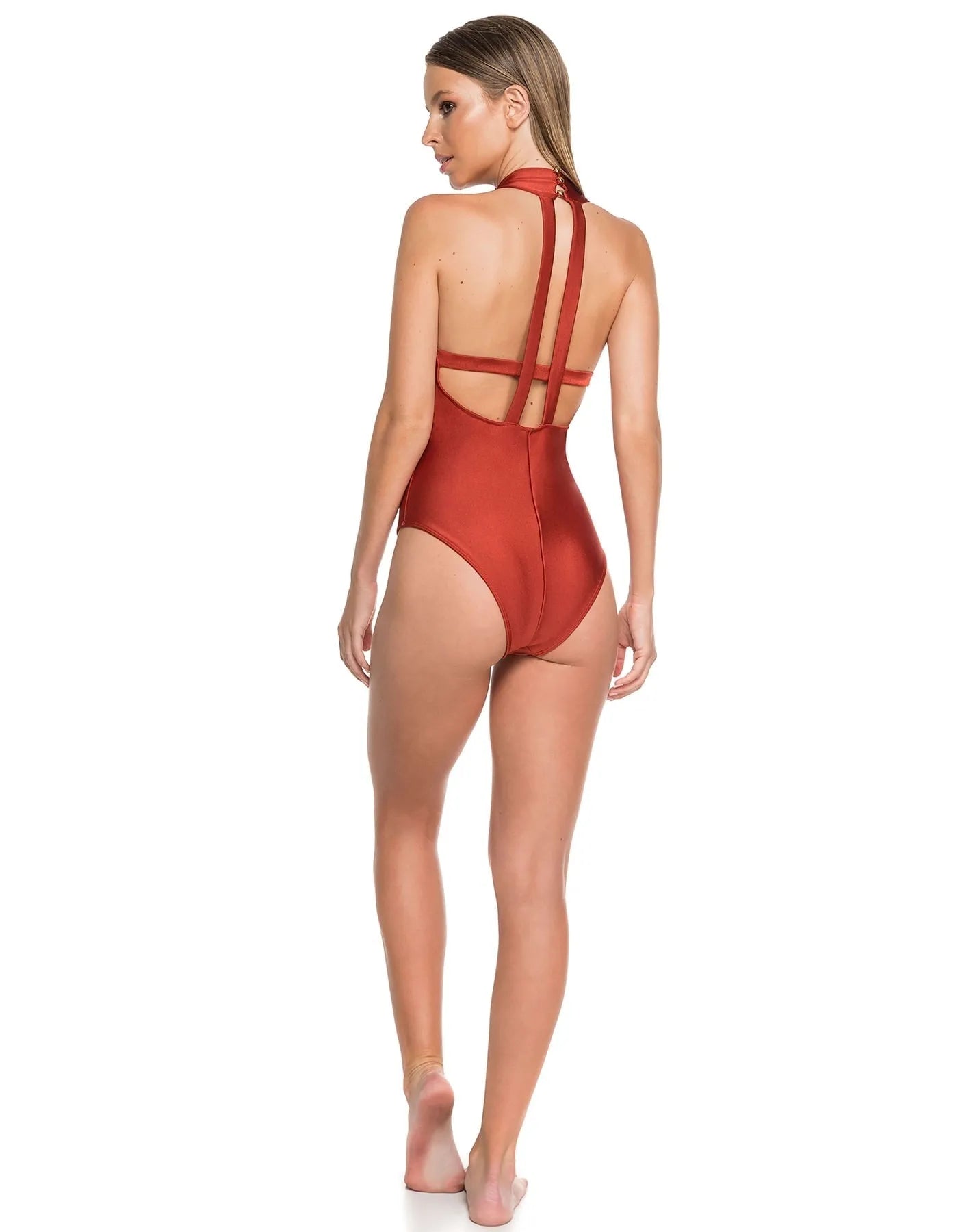 Body bañador rojo rubí cuello halter espalda al aire