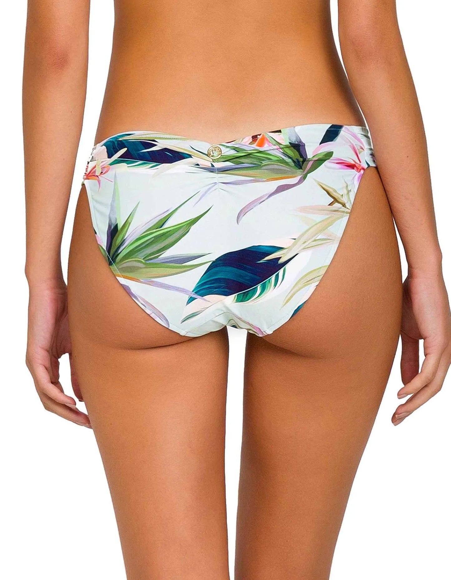 Braguita Bikini tropical de corte clásico con detalles de oro y drapeado en cintura