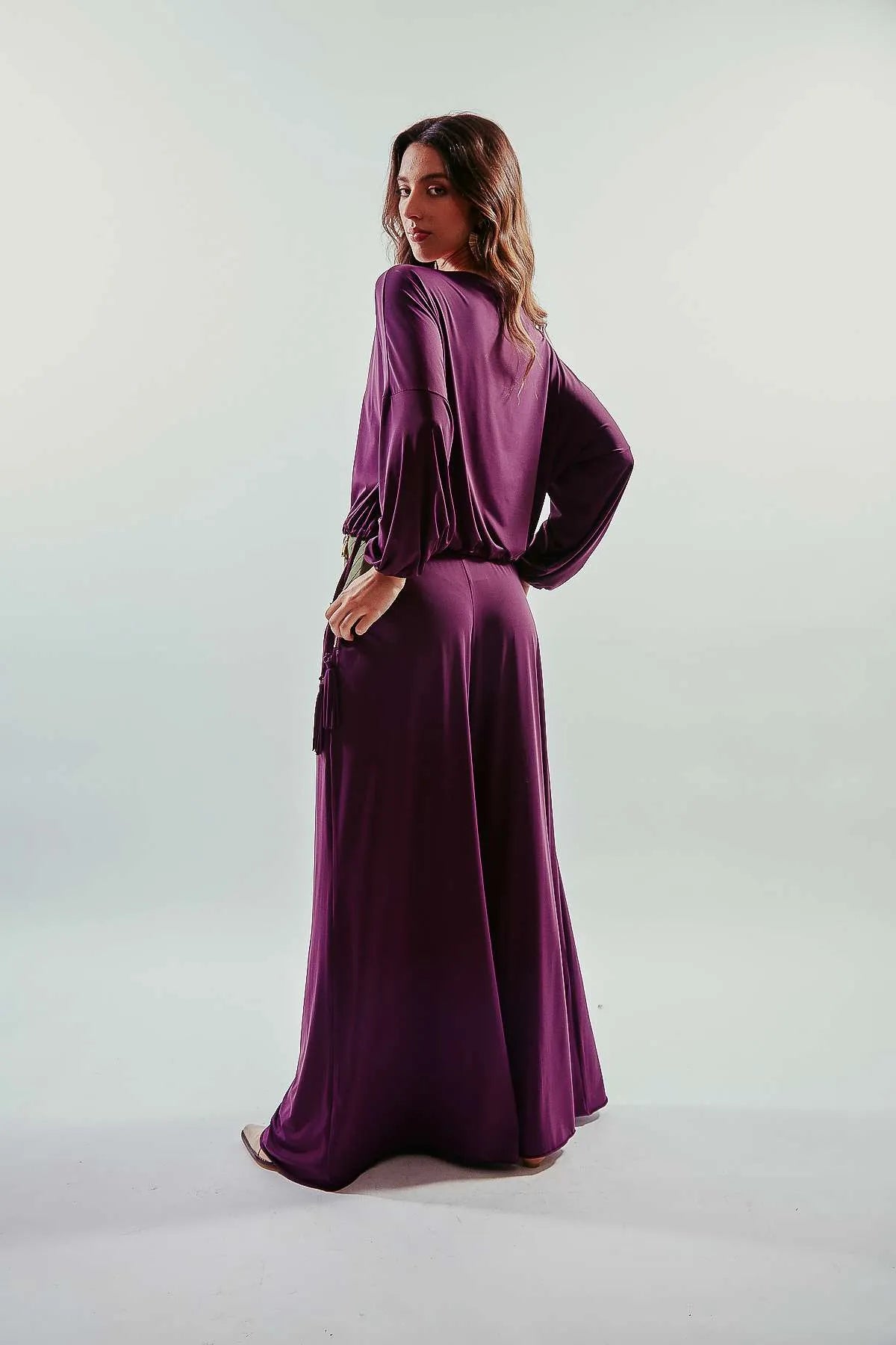 Pantalón largo pata elefante morado y verde en cintura