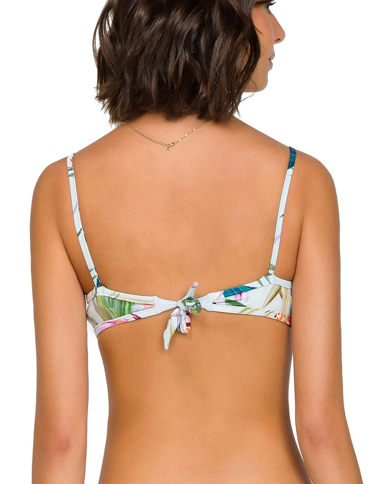 Top Bikini blanco roto, estampado tropical, con aros y anudado en espalda y cuello