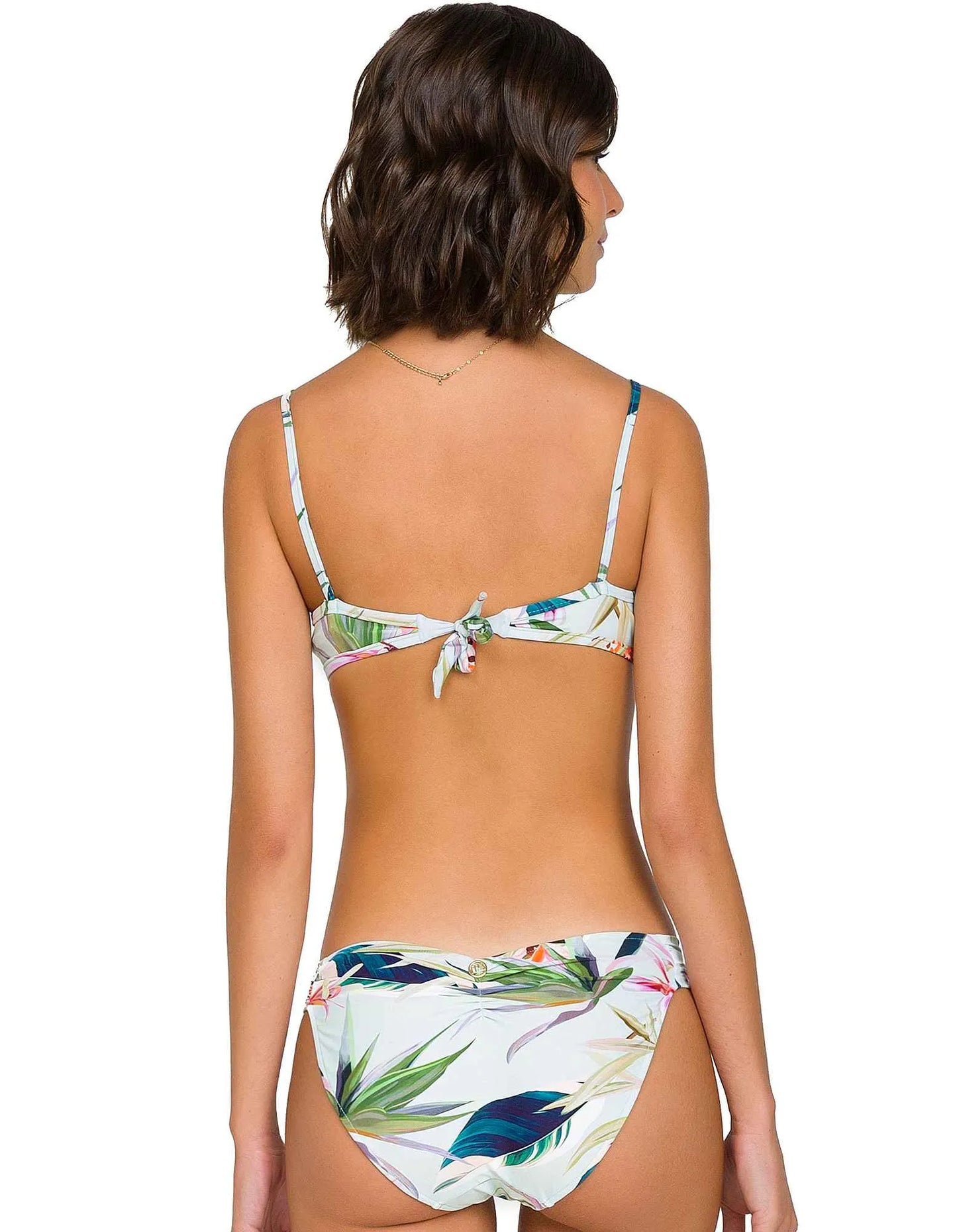 Top Bikini blanco roto, estampado tropical, con aros y anudado en espalda y cuello